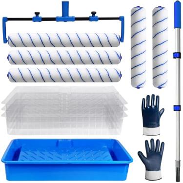 Imagem de BERXOL Kit de rolo de tinta, forros de bandeja de tinta descartáveis, capas de rolo de 45,7 cm e 30,5 cm, haste de extensão de 21,26 ~ 121 cm, rolos de pintura grandes (luvas incluídas)