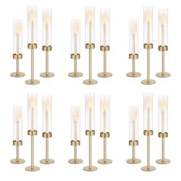 Imagem de Ronasip Conjunto de 18 castiçais Hurricane, castiçais metálicos dourados foscos com tubos cilíndricos de chaminé de vidro transparente, suportes de vela altos para casamento, Natal, mesa de jantar
