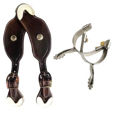 Imagem de Kit Espora Quarto De Milha Inox Com Par de Correia QM Luxo, Couro legítimo, Apliques Decorativos, Acabamento Com Ferragens INOX com alta durabilidade. (Marrom)