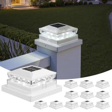 Imagem de Luzes de poste solares, 6500K branco frio IP65 à prova d'água luz de cerca alimentada por energia solar para poste de madeira 4x4 e cerca de vinil 5x5, deck, pátio, jardim, jardim, jardim, iluminação
