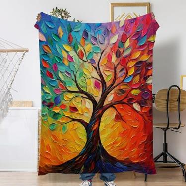 Imagem de Snowmolle Cobertor de árvore da vida para decoração de sofá de casa, cobertor fofo aconchegante de folhas coloridas, manta decorativa de flanela de lã de outono para sofá, sala de estar, viagem
