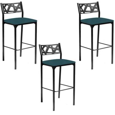 Imagem de Kit 03 Banquetas Alta Com Encosto Luiza Gourmet Para Balcão Cozinha Suede Azul Turquesa - Aurora Line