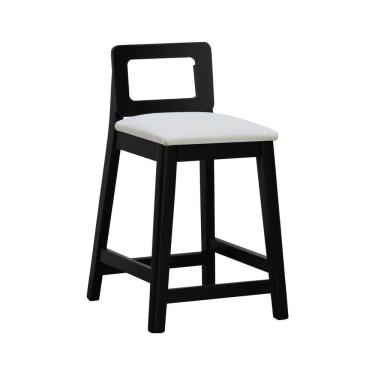 Imagem de Banqueta Média River Madeira Maciça - Preto Assento Estofado Linho Bege