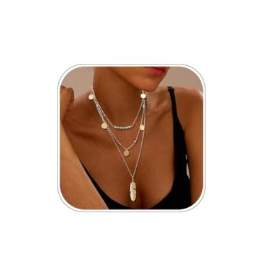 Imagem de Colar feminino boho turquesa com pingente de paetê, colar com pingente de folha turquesa em camadas