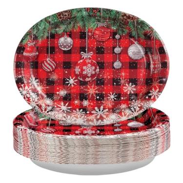 Imagem de 50 peças de pratos ovais de papel guingão de Natal, 25,4 x 30,5 cm, grandes, descartáveis, resistentes, vermelhos, pretos, pratos de sobremesa, bolas coloridas de árvore de Natal, suprimentos de festa
