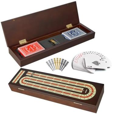 Imagem de BIVOMON Wooden Cribbage Board Game Set, Continuous 3 Track Board with Magnetic Lock, 9 Metal Pegs, 2 Playing Cards, Large Storage Area-Travel Portable Family Cribbage Game Sets