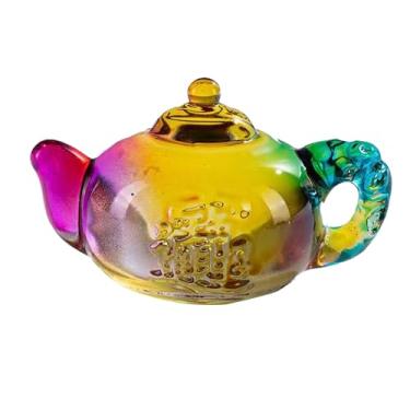 Imagem de Chiorgone Enfeite de bule de chá de vidro Rainbow Feng Shui - Zhao CAI Jin Bao Estatueta de riqueza e prosperidade - Pote colorido de riqueza e prosperidade para decoração de casa. (cristal amarelo