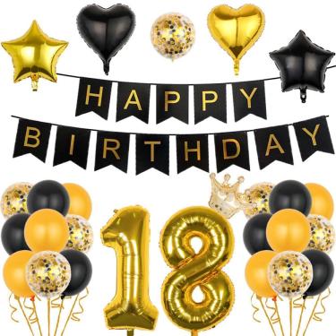 Imagem de Conjunto de decorações de festa, aniversário de 18 anos, ouro preto, 26 unidades