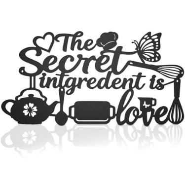 Imagem de Placa de arte de parede de metal, The Secret Intgredent is Love Placas de cozinha pretas decorações para parede, letras de ferro rústicas, citações, presente de inauguração de casa para cozinha