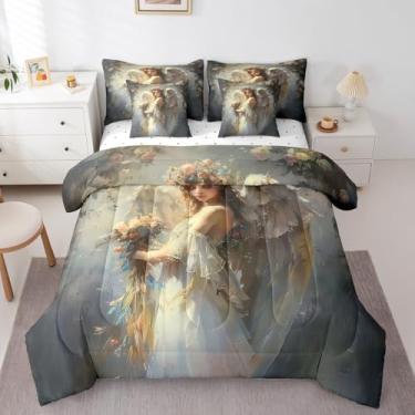 Imagem de Erosebridal Jogo de cama Queen com edredom de anjo e flores românticas, para meninos e meninas, asas de anjo, 7 peças, romântico, conjunto de cama com estampa 3D