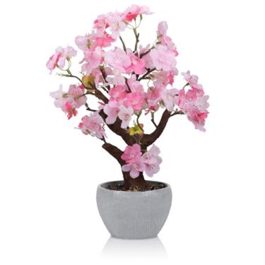 Imagem de TOARTi Vaso de flor de cerejeira rosa artificial com vaso de pedra, flores falsas de 34 cm de altura, decoração de mesa, plantas decorativas realistas, decoração interna para casa, quarto, banheiro