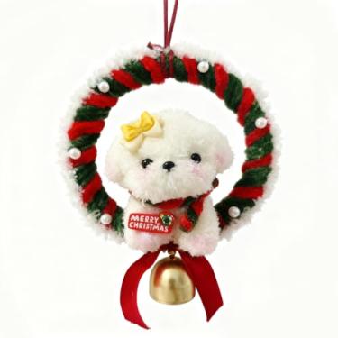 Imagem de CUTENNIOU Guirlanda de Natal pequena com sino dourado, limpadores de cachimbo verde de 12 cm, guirlanda de Natal artesanal com cachorro para porta interna, janela de casa, decoração de Natal para