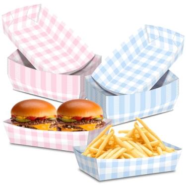 Imagem de Não é necessário dobrar, pacote com 50 bandejas de papel guingão, azul claro e rosa, resistentes à graxa, grandes, lanches, barcos de comida descartáveis para chá de bebê, casamento, chá e festa
