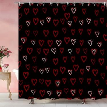 Imagem de HWSSHW Cortina de chuveiro de dia dos namorados vermelho e preto coração amor romântico doce dia dos namorados conjunto de cortina de banheiro com ganchos