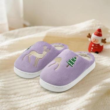 Imagem de Chinelos infantis para meninas, meninos, árvore de Natal, rena, quente, inverno, felpudo, para casa, para uso interno e externo, Roxo claro, 8-9 Toddler