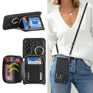 Imagem de Hamany Capa tipo carteira transversal para Galaxy A55, bolsa de mão de couro PU com zíper, capa flip com suporte para cartões, alça de pulso - preta