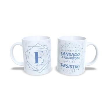Imagem de Caneca de Cerâmica Branca com Mensagem Motivacional, Decorativa, Geométrica, 325ml, Design com Letras e Estrelas em Azul (e)