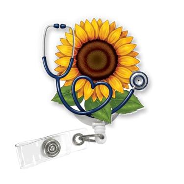 Imagem de ULTRAVUTT Carretel de crachá de estetoscópio de girassol – Suporte de identificação retrátil floral com clipe jacaré para enfermeiras, estudantes de enfermagem, professores, funcionários de escritório