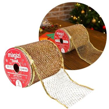 Imagem de Fita Aramada Decorativa Natal Dourada Glitter Luxo Telada 10cm x 9m Ideal para Laços, Árvores e Guirlandas