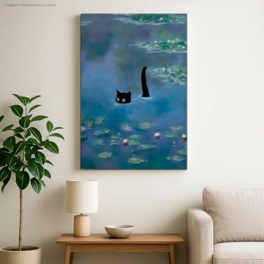 Imagem de Quadro em Canvas, Gato Preto em Nenúfares de Monet, Arte Moderna para Parede, 60x40 cm