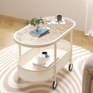 Imagem de Yadlan Mesa lateral com rodízios, mesas de centro ovais modernas, mesa de sala de estar com cesta de armazenamento e estrutura de metal, mesa pequena estilo sala de estar D 70 x 40 x 55 cm