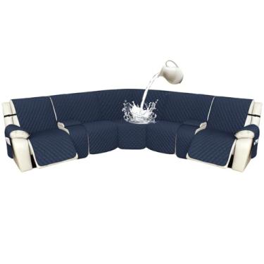 Imagem de Arfntevss Capas para sofá reclináveis 1OO% à prova d'água, em forma de L, capa de sofá reclinável em forma de L, protetor de canto lavável para cães (5 lugares com 2 consoles, azul meia-noite)