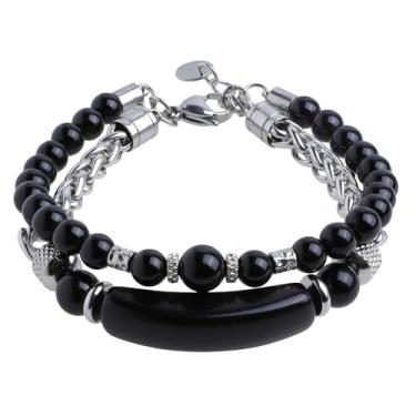 Imagem de Nupuyai Pulseira de cristal de camada dupla com tubo curvo e contas redondas de 6 mm em aço inoxidável, design unissex de comprimento ajustável com placa de gravação DIY, 8“, Pedra obsidiana preta