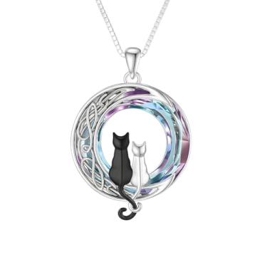 Imagem de SUPAC Colar com pingente de lua de dois gatos, gatos pretos e brancos, design celta, 2,8 x 2 cm