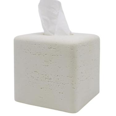 Imagem de Huitony Capa de caixa de lenços quadrada travertino decorativa Klenex suporte para banheiro e sala de estar com textura artesanal (pedra branca)