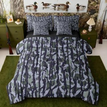Imagem de Jogo de cama Queen camuflado em uma bolsa com edredom, lençóis, fronhas e capa de almofada, camuflado, caça, 7 peças, feminino, masculino, ultramilitar, conjunto de edredom com lençóis, azul escuro e
