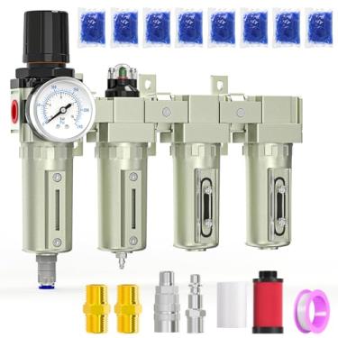 Imagem de MEANLIN Sistema de secagem de ar de 4 estágios NPT de 1,27 cm de grau industrial, drenagem automática, filtro coalescente, filtro de partículas, secador de dessecante duplo e regulador de ar para