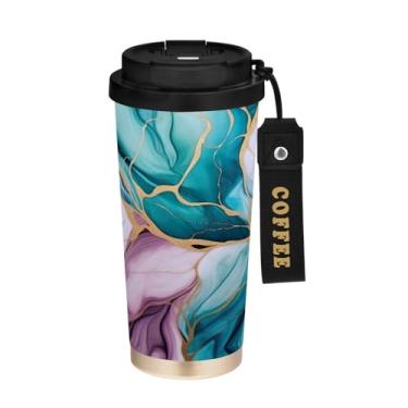 Imagem de YETTASBIN Caneca de café de mármore com isolamento térmico de 482 g com tampa canudo, copo à prova de derramamento e vazamento com alça para bebida quente e fria, garrafa de água de aço inoxidável