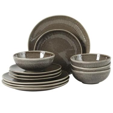 Imagem de Gibson Elite Conjunto de pratos e tigelas de grés Sandy Pines – Conjunto de louça de esmalte reativo de 12 peças – Serviço para 4 – Seguro para lava-louças e micro-ondas – marrom