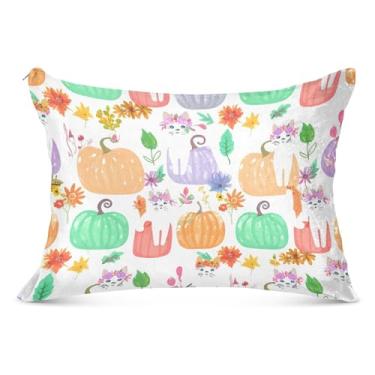 Imagem de Burbuja Capa de almofada de pelúcia de gatos brancos em abóboras 53 x 137 cm, capa de almofada de pelúcia ultra macia e aconchegante com zíper para pele de cabelo