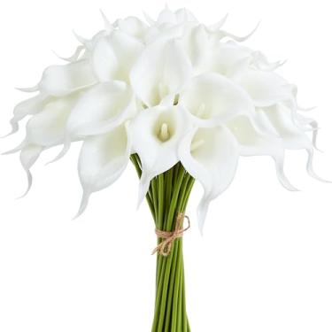 Imagem de AWARDSEN Lírio de calla artificial, 12 peças, flores falsas brancas de toque real para buquê de casamento, chá de noiva, decoração de mesa de cozinha para casa de primavera, lírios falsos para centros