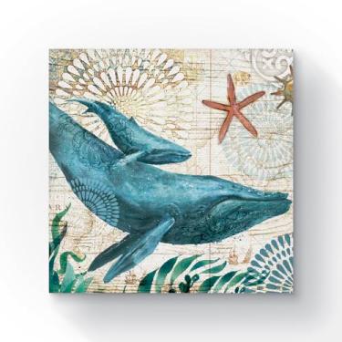 Imagem de arte em canvas baleia azul decoracao maritima estrela do mar mapa vintage impressao artistica aquarela quadro oceano parede marinho nautico pintura baleia decor coastal vintage oceano sala quarto minimalista 30x30