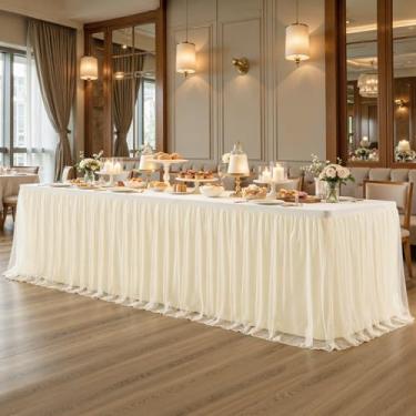 Imagem de Toalha de mesa 2 em 1 de tule champanhe com saia para mesas retangulares de 2,8 m, saia de mesa tutu com babados de festa, capa de mesa elástica para chá de bebê, recepção de casamento, chá de panela