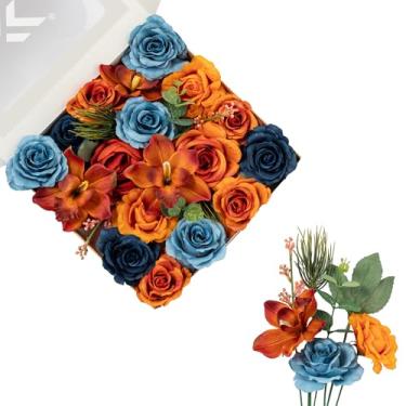 Imagem de FANKO Flores artificiais gradiente rosa laranja: combinação de flores de seda falsas mistas e orquídea rosa azul marinho vintage flores sortidas para buquês de noiva de casamento faça você mesmo
