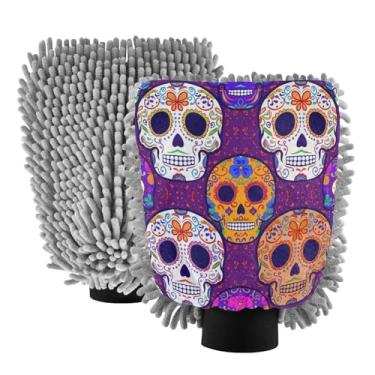 Imagem de STAYTOP Luvas coloridas de caveira de açúcar para lavagem de carro, 2 peças, luvas de microfibra de chenille, sem arranhões, panos de esponja de lavagem ultra absorventes para carros, limpeza