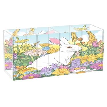 Imagem de Burbuja Porta-canetas de acrílico com desenho animado de coelho em flores, 4 compartimentos, suporte de lápis transparente para pincéis de maquiagem, acessórios de mesa de escritório em casa