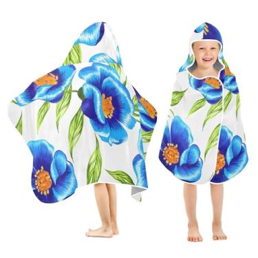 Imagem de Burbuja Toalha de banho com capuz de flores azuis para crianças, toalha de praia de pelúcia macia absorvente para chá de meninas e meninos 3-10 anos, 61 x 127 cm