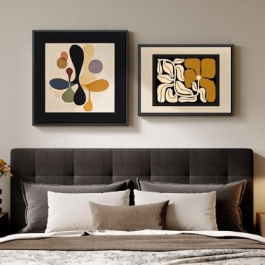 Imagem de Conjunto de 2 arte de parede de quarto boêmio abstrata emoldurada, arte em tela floral preta neutra para paredes, pinturas de arte de design moderno de meados do século para sala de estar, quarto