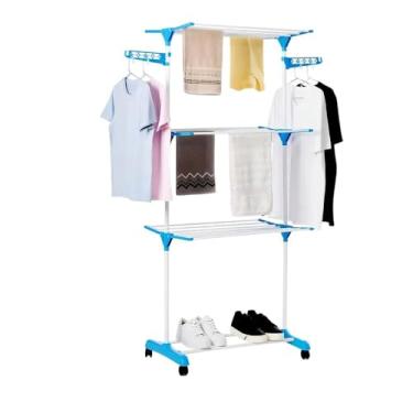 Imagem de Varal de Chão 3 Andares com Rodízios, 6 Prateleiras Reguláveis, Branco, ABS e Aço, 170x70x65cm, Capacidade 48kg, Dobrável e Portátil