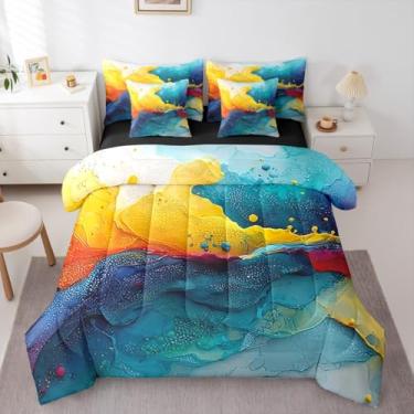 Imagem de Erosebridal Conjunto de edredom de mármore ombré, amarelo fluido, azul, tamanho queen, 7 peças, cama gradiente líquido em uma bolsa, estampa abstrata de textura metálica, conjunto de cama para homens