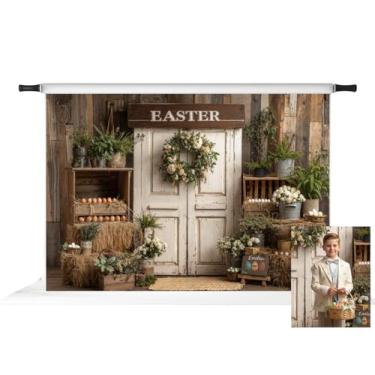 Imagem de Kate Pano de fundo de primavera de ovos de páscoa para fotografia de fundo de porta de madeira branca rústica adereços de tecido 2,1 x 1,5 m