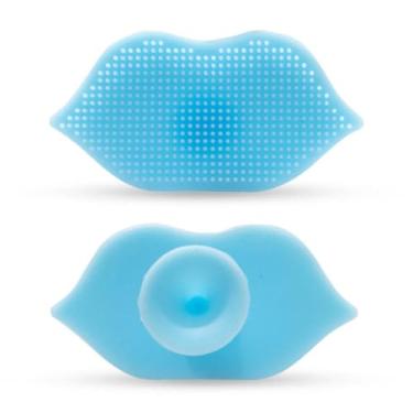 Imagem de 4 pincéis esfoliantes labiais de silicone, ferramenta de esfregar suave e suave para cuidados diários dos lábios, azul