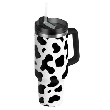 Imagem de Joisal Copo feminino irregular de manchas de vaca preto e branco com tampa e canudo 1,134 g com alça garrafa de água isolada garrafa de água de aço inoxidável cabe no copo do carro