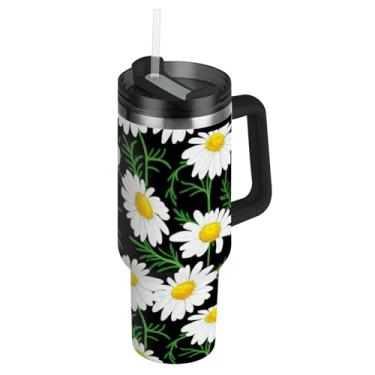 Imagem de Joisal Copos com tampas e canudos, margaridas brancas, hastes verdes, copo preto com alça 1,134 g, garrafa de água a vácuo, isolada, garrafa de água de aço inoxidável, cabe no copo do carro