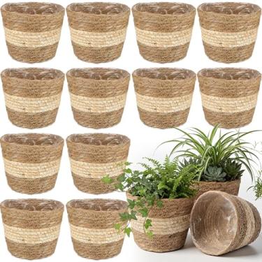 Imagem de AceOrbit Cesta de plantas de algas marinhas com forro de plástico cestas de plantador estilosas tecidas a granel 6,3 x 5,5 x 5,1 cestas de vime para plantas internas e externas para cobertura de vasos