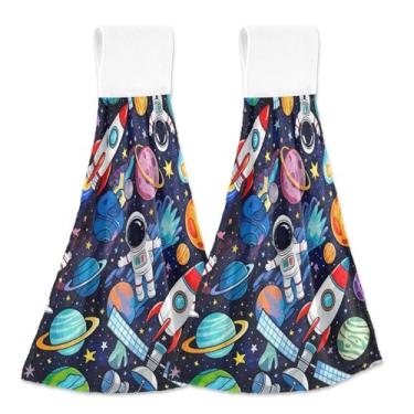 Imagem de Toalhas de cozinha astronauta de planetas espaciais coloridos com laço para pendurar toalhas de banho ultra absorventes conjunto de 2, essenciais de cozinha decorativos personalizados 18,2 x 14